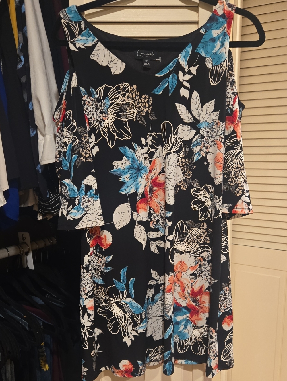 Connected Apparel Black Cold-Shoulder Dress with Blue & Coral Floral Print